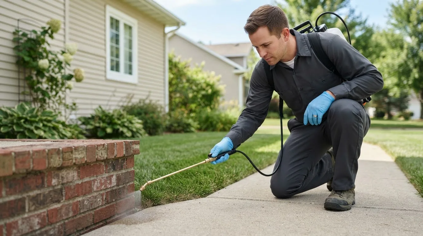 Pest control technician treating a home near Manilla, IA
